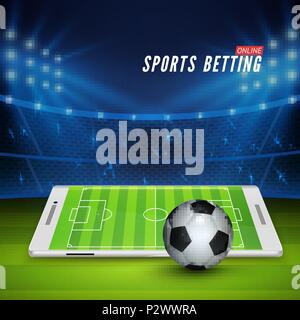 Soccer scommettere online. Scommesse sportive concetto. Soccer Stadium e white telefono cellulare con palla sul primo piano. Illustrazione Vettoriale Illustrazione Vettoriale
