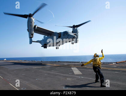 160803-N-A519-089 mare mediterraneo (Agosto 3, 2016) di aviazione di Boatswain Mate (movimentazione) terza classe Demarcus segnali Robinson una MV-22B Osprey ad atterrare sul ponte di volo a bordo di un assalto anfibio nave USS Wasp (LHD 1). Wasp viene distribuito con la Vespa Anfibia gruppo pronto per supportare le operazioni di sicurezza marittima e di teatro la cooperazione in materia di sicurezza gli sforzi negli Stati Uniti Sesta flotta area di operazioni. (U.S. Foto di Marina di Massa lo specialista di comunicazione 2a classe Nathan documento Wilkes/rilasciato) Foto Stock