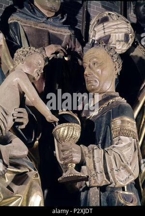 DETALLE DEL TRIPTICO DE LA EPIFANIA O DE LA ADORACION DE LOS REYES MAGOS - SIGLO XV - Gotico finale. Autore: Gil de Siloé (c. 1440-1501). Posizione: MUSEO DE LA COLEGIATA, COVARRUBIAS, BURGOS, Spagna. Foto Stock