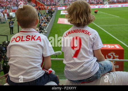 Giovane polacco appassionati di calcio con camicie di Polska e Lewandowski a PGE Narodowy, polacco dello Stadio Nazionale di Varsavia, Polonia Foto Stock