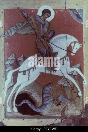 SAN JORGE Y EL Drago - ICONO - S XV. Posizione: GALERIA DE LOS ICONOS, Novgorod. Foto Stock