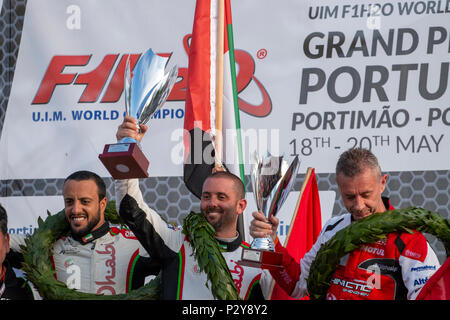 PORTIMAO, Portogallo : 20 MAGGIO 2018 - Pole position vincitori del portoghese Grand Prix - F1 Corse Powerboat evento del 2018 edizione che si terrà su porti Foto Stock