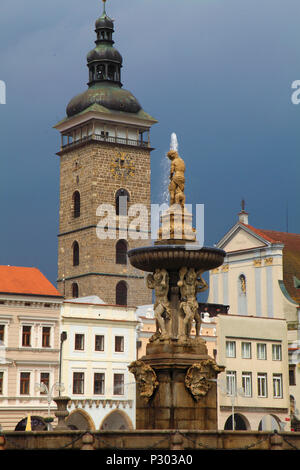 Repubblica ceca, Ceske Budejovice, Torre Nera, Fontana di Sansone, St Nicholas Cathedral, Foto Stock