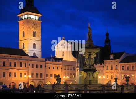 Repubblica ceca, Ceske Budejovice, Torre Nera, Fontana di Sansone, St Nicholas Cathedral, Foto Stock