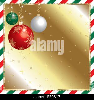 Illustrazione vettoriale di un Natale verde e rosso sfondo striato con ornamenti. Illustrazione Vettoriale