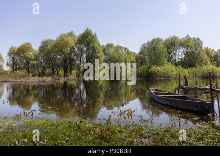 La barca di legno presso il village posti nelle foreste di pianura alluvionale del fiume Desna, Ucraina. Visualizzazione orizzontale Foto Stock