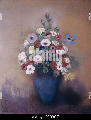 Anemoni e lilla in un vaso blu - ca. 1912 - 73,8x59,7 cm - pastello su carta. Autore: Odilon Redon (1840-1916). Posizione: MUSEO PETIT PALAIS, Francia. Noto anche come: JARRON de Flores. Foto Stock
