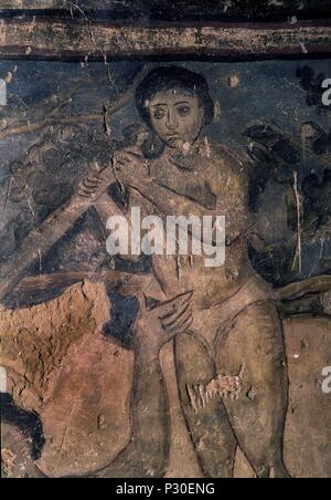 ESCENA DE LA PALESTRA - POSIBLE REPRESENTACION DE ARBITRO DELLE NAZIONI UNITE CON UNA PALMA EN SUS MANOS - AFFRESCHI OMEYAS DEL CASTILLO DE El Quseir Amra - SIGLO VIII. Posizione: CASTILLO. Foto Stock