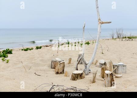 Logs posto intorno ad un magazzino nella sabbia al Cape Cod National Seashore, Massachusetts, STATI UNITI D'AMERICA Foto Stock