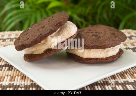 Biscotti al cioccolato con gelato alla cannella sandwhich esterno su una piastra bianca Foto Stock