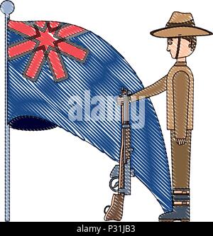 Anzac Day design con bandiera australiana e soldato di guardia su sfondo bianco, illustrazione vettoriale Illustrazione Vettoriale