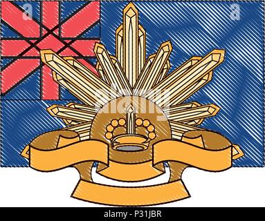 Anzac Day design con bandiera australiana e il Rising Sun Badge su sfondo bianco, illustrazione vettoriale Illustrazione Vettoriale