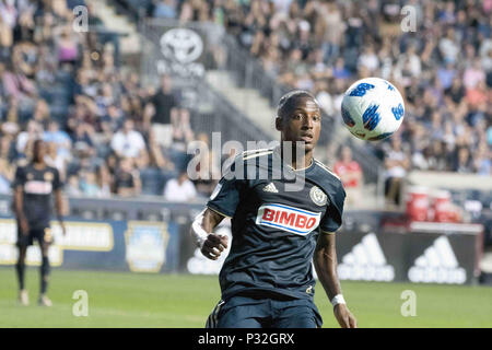 Chester, Pennsylvania, USA. 16 Giugno, 2018. Unione FAFA PICAULT (9) in azione contro la Red Bulls a Talen Energy Stadium di Chester in Pennsylvania Credito: Ricky Fitchett/ZUMA filo/Alamy Live News Foto Stock