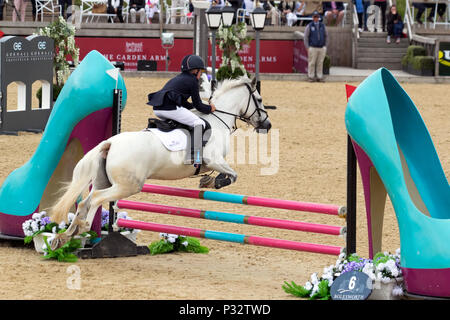 Jack Hewitt Bolesworth, Cheshire. 17/06/2018. Childens show jumping in gara la Invitational Mini relè principali. Cavallo, recinzione, equestre, animale, sport, concorrenza, jump, equine, pilota, show, ostacolo, ostacolo, cavallo, evento stallone, campione, jumping, jockey, equitazione, equitazione, il cavaliere. Credito/MediaWorldImages AlamyLiveNews. Foto Stock