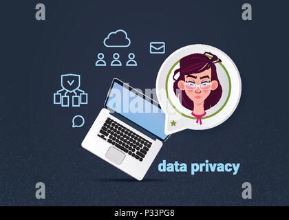 Laptop donna chat bolle, privacy dei dati centro di calcolo con una infografica, di rete e database, centro internet e comunicazione piatto di supporto Illustrazione Vettoriale