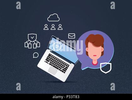 Laptop donna chat bolle, privacy dei dati centro di calcolo con una infografica, di rete e database, centro internet e comunicazione piatto di supporto Illustrazione Vettoriale
