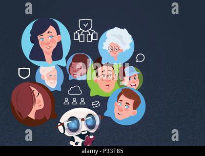 Mix di chat gara uomo donna bolle, privacy dei dati centro di calcolo con una infografica, di rete e database, centro internet e il supporto di comunicazione piatta illustrazione vettoriale Illustrazione Vettoriale