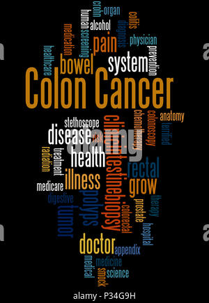 Il cancro del colon, word cloud concetto su sfondo nero. Foto Stock