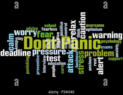 Dont Panic, word cloud concetto su sfondo nero. Foto Stock