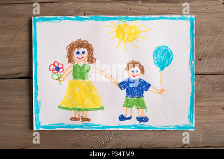 Disegno per bambini della famiglia mamma single e figlio. Incompleto il concetto di famiglia. Foto Stock