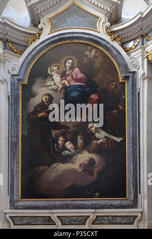 Madonna e Bambino adorato da San Francesco di Assisi, Chiara e Antonio di Padova, retablo in chiara d'Assisi cappella, Duomo di Mantova Foto Stock