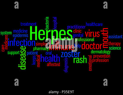 Herpes, parola concetto cloud su sfondo nero. Foto Stock