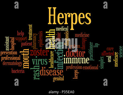 Herpes, parola concetto cloud su sfondo nero. Foto Stock