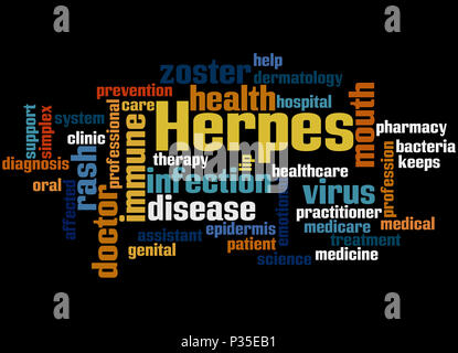 Herpes, parola concetto cloud su sfondo nero. Foto Stock