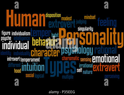 Personalità umana tipi, word cloud concetto su sfondo nero. Foto Stock