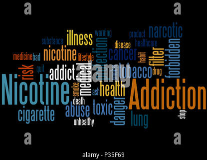 Dipendenza da nicotina, word cloud concetto su sfondo bianco. Foto Stock