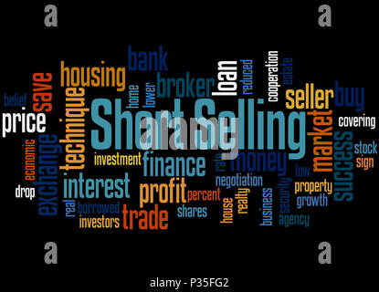 Short selling, word cloud concetto su sfondo nero. Foto Stock