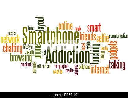 Dipendenza dello smartphone, word cloud concetto su sfondo bianco. Foto Stock