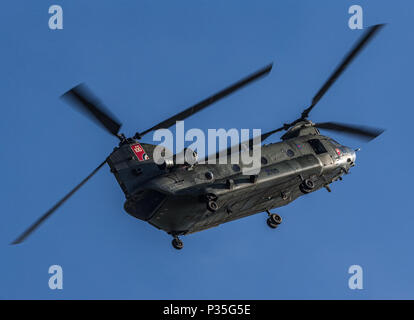 RAF Chinook, ZD983 visualizza presso la RAF Cosford Airshow centenario, 10 giugno 2018. La Chinook 27 squadron RAF Odiham, Hants. Foto Stock