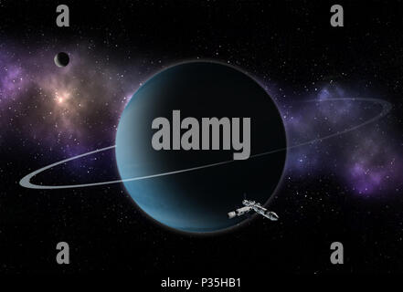 Astronave interstellare battenti al pianeta sconosciuto con anelli in toni di blu. Esplorazione dello spazio. Foto Stock