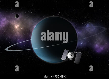 Astronave interstellare battenti al pianeta sconosciuto con anelli in toni di blu. Esplorazione dello spazio. Foto Stock