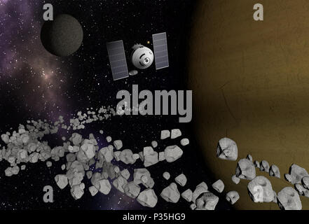 Astronave interstellare battenti al pianeta sconosciuto con anelli di asteroidi. Esplorazione dello spazio. Foto Stock