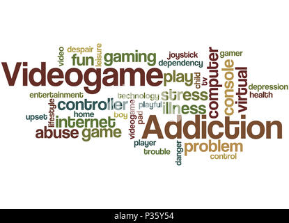 Dipendenza da videogioco, word cloud concetto su sfondo bianco. Foto Stock