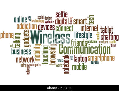 La comunicazione wireless, word cloud concetto su sfondo bianco. Foto Stock