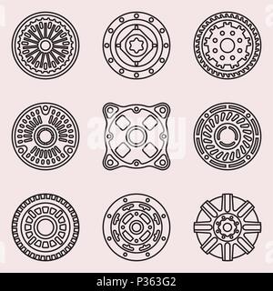 Insieme di parti della macchina. Flangia e coperchio. Linea sottile vettore Illustrazione Vettoriale