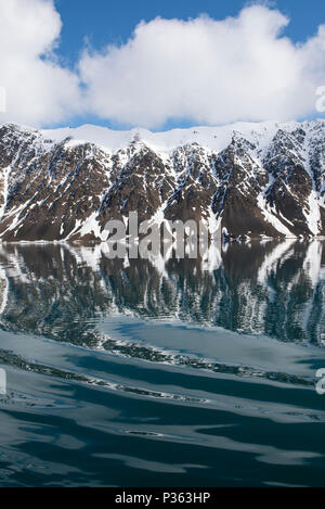 Norvegia Isole Svalbard, Spitsbergen. Fiordo di vista riflessioni vicino ghiacciaio Lillehook aka Lilliehookbreen. Foto Stock