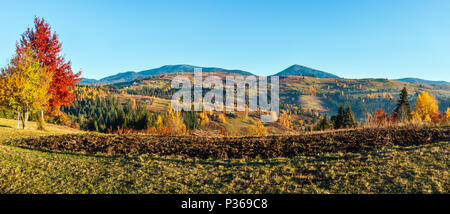 Mattina montagne dei Carpazi e del villaggio di frazioni su pendii (Yablunytsia village e pass, Ivano-Frankivsk oblast, Ucraina). Foto Stock