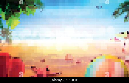 Stock illustrazione vettoriale spiaggia realistiche. Estate e sole, mare. Impostare, sfera, stelle marine, shell, Palm tree, ciabatte. Arte per striscioni, volantini, affissioni, cartelloni, presentazioni, relazioni e poster Illustrazione Vettoriale