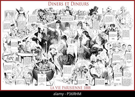 Francese rivista satirica La vie parisienne 1888, pagina centrale:diners et dineurs (cene e Diners) umorismo, caricature, ritratti Foto Stock