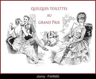 Francese rivista satirica La vie parisienne 1888, quelques toilettes au Grand Prix ( alcuni bagni al Grand Prix) : ladies, giovane,fashion,evento,umorismo, caricature, ritratti Foto Stock