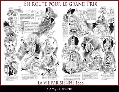 Francese rivista satirica La vie parisienne 1888, pagina centrale:En route pour le Grand Prix ( sulla via del Grand Prix)onorevoli colleghe, moda,evento,umorismo, caricature, ritratti Foto Stock