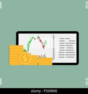 Comprare e vendere sul Financial Exchange su tablet. Exchange finanza, valuta stock commerciali, illustrazione vettoriale Illustrazione Vettoriale