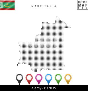 Vettore Mappa punteggiata di Mauritania. Semplice Silhouette della Mauritania. Bandiera della Mauritania. Insieme multicolore i marcatori mappa Illustrazione Vettoriale