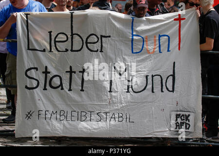 Francoforte, Germania. Xvii Jun, 2018. Un contatore protester sorregge un banner che recita "Meglio colorato di Mund', una di parole sulla parola tedesca per colorata (bunt) e il nome dell'organizzatore (Mund). Intorno 50 a destra manifestanti seguita la chiamata di Heidi Mund, ex organizzatore della protesta FRAGIDA a Francoforte, per usare il nuovo stile 'Tag der Patrioten" (Giorno dei patrioti), per protestare contro il governo e i rifugiati al di fuori della chiesa di San Paolo a Francoforte, un simbolo per la democrazia tedesca. esn il primo giorno dell'unità tedesca Credit: PACIFIC PRESS/Alamy Live News Foto Stock