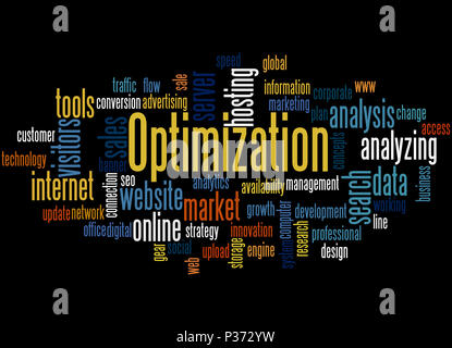 Ottimizzazione, parola concetto cloud su sfondo nero. Foto Stock