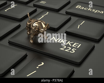 3D render closeup della tastiera del computer con bull e indice Nikkei 225 pulsante. Il mercato azionario indici concetto. Foto Stock